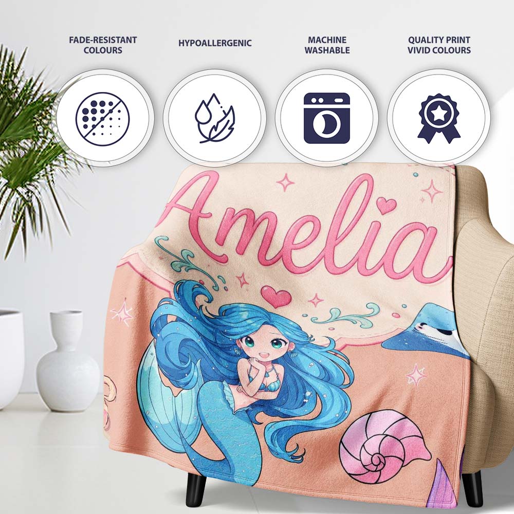 Cute Blue Hair Mermaid Jellyfish Seahorse Peach Background Seamless  Personalised Custom Name Super Soft Fleece Blanket Bed Sofa Throw