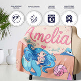 Cute Blue Hair Mermaid Jellyfish Seahorse Peach Background Seamless  Personalised Custom Name Super Soft Fleece Blanket Bed Sofa Throw