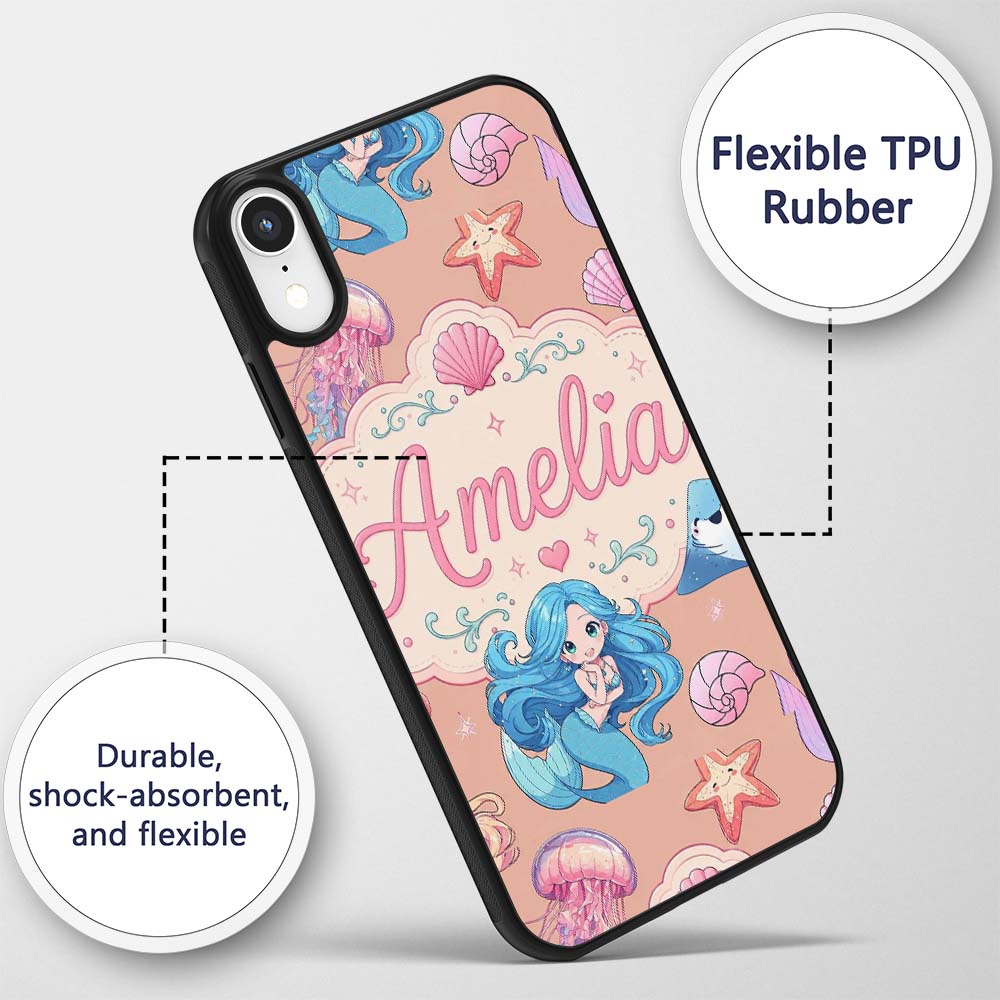 Cute Blue Hair Mermaid Jellyfish Seahorse Peach Custom Name Protective Phone Case Mobile Cover Durable Everyday Smartphone Shock Resistant