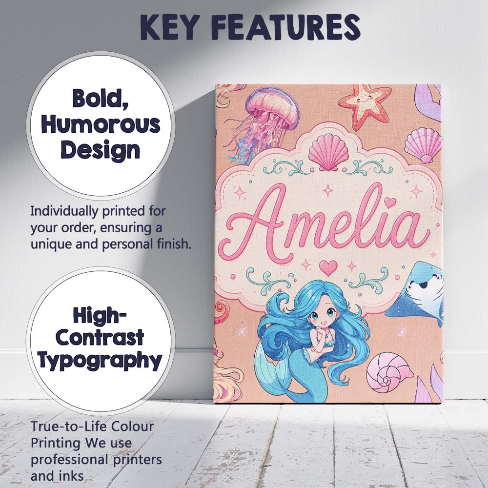 Personalised Name Cute Blue Hair Mermaid Custom  Unique Gift Idea Elegant Feature Canvas Wall Art Print Decor Picture Ready to Hang