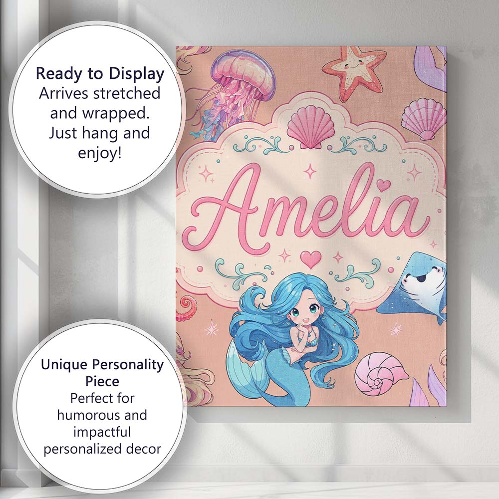 Personalised Name Cute Blue Hair Mermaid Custom  Unique Gift Idea Elegant Feature Canvas Wall Art Print Decor Picture Ready to Hang