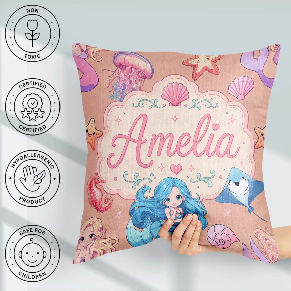 Custom Name Blue Hair Mermaid Seahorse Peach Background Seamless Square Filled Cushion Throw Pillow Sofa Bed Home Decor Zip Washable UK Made