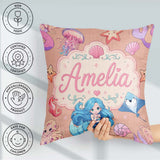 Custom Name Blue Hair Mermaid Seahorse Peach Background Seamless Square Filled Cushion Throw Pillow Sofa Bed Home Decor Zip Washable UK Made