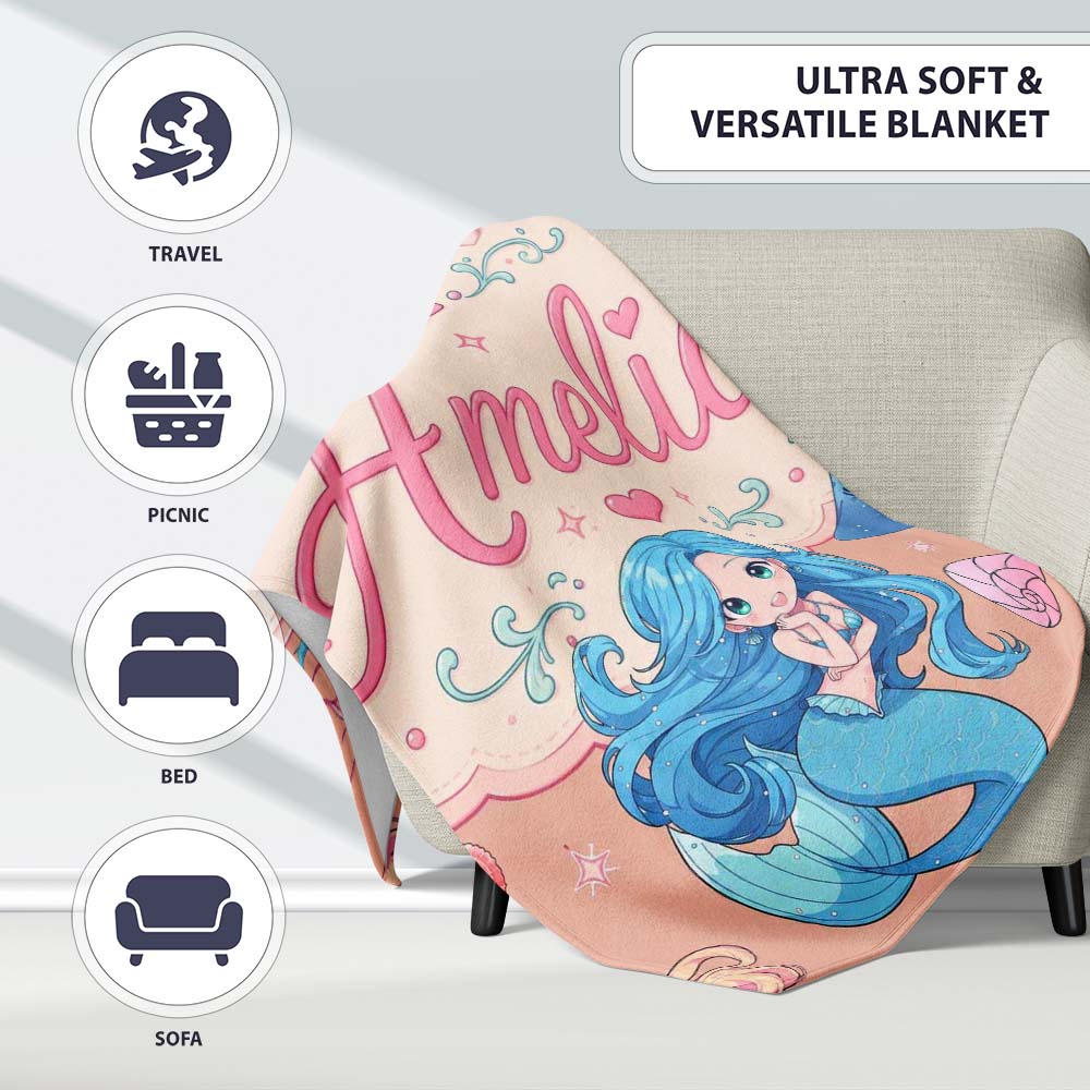 Cute Blue Hair Mermaid Jellyfish Seahorse Peach Background Seamless  Personalised Custom Name Super Soft Fleece Blanket Bed Sofa Throw