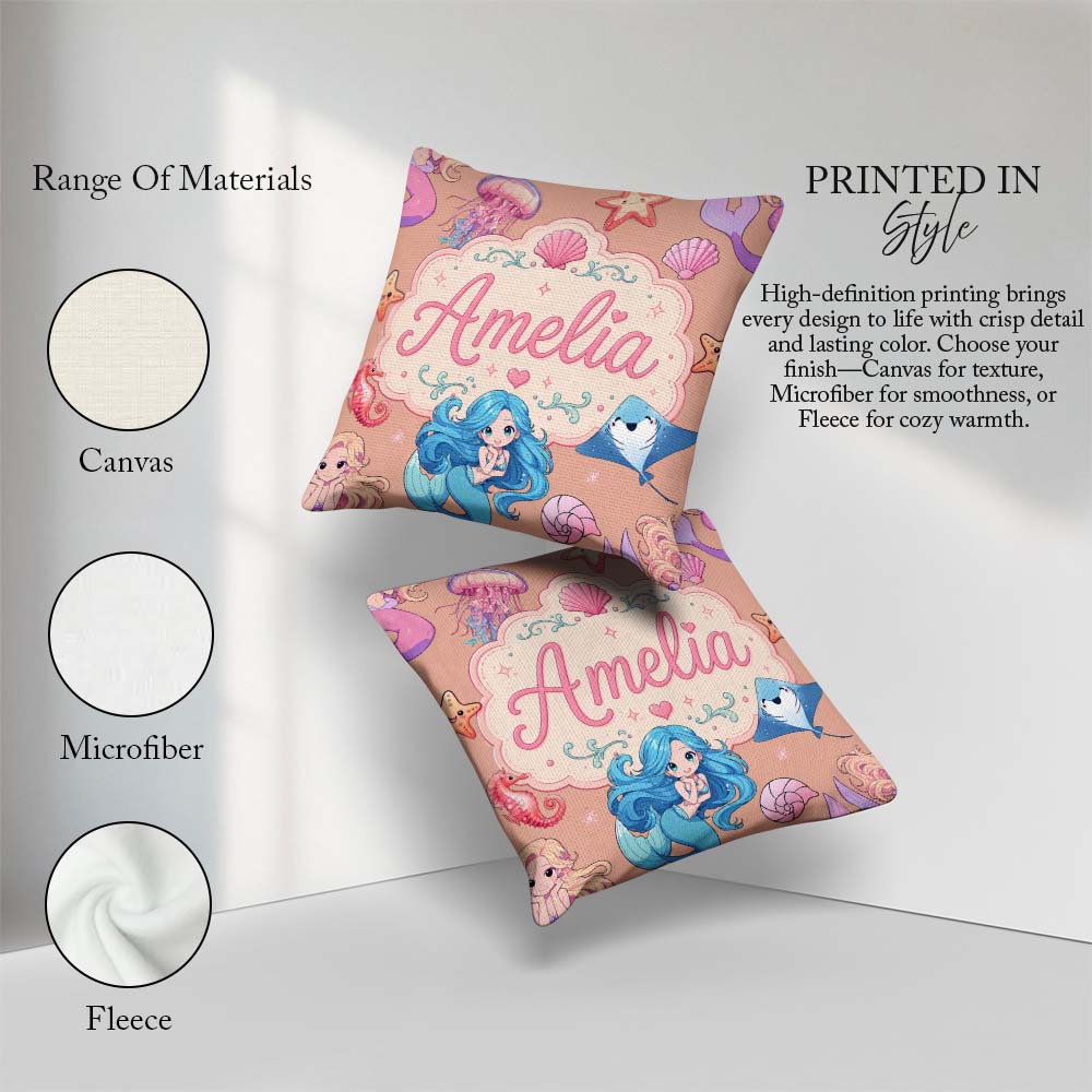Custom Name Blue Hair Mermaid Seahorse Peach Background Seamless Square Filled Cushion Throw Pillow Sofa Bed Home Decor Zip Washable UK Made