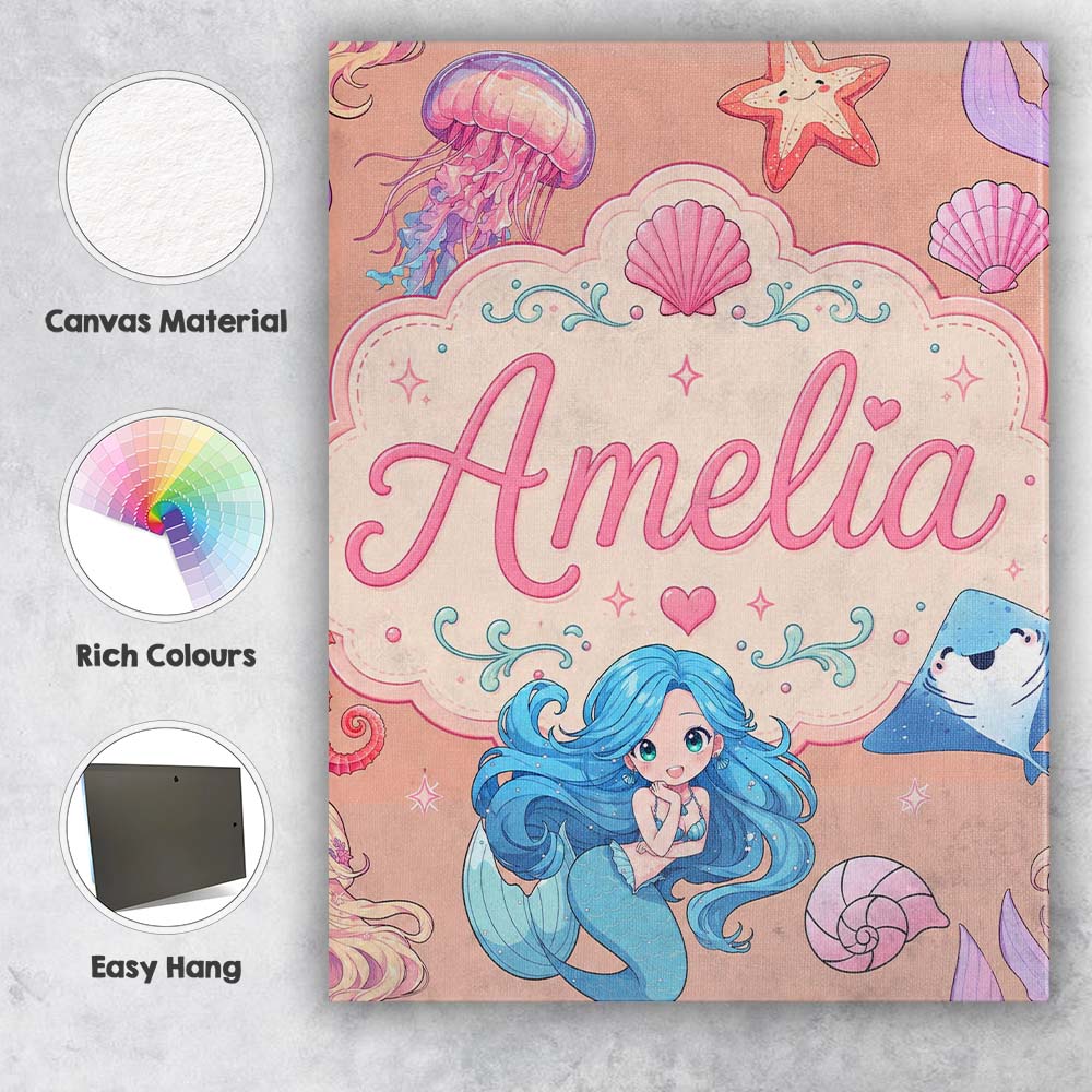 Personalised Name Cute Blue Hair Mermaid Custom  Unique Gift Idea Elegant Feature Canvas Wall Art Print Decor Picture Ready to Hang
