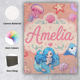 Personalised Name Cute Blue Hair Mermaid Custom  Unique Gift Idea Elegant Feature Canvas Wall Art Print Decor Picture Ready to Hang