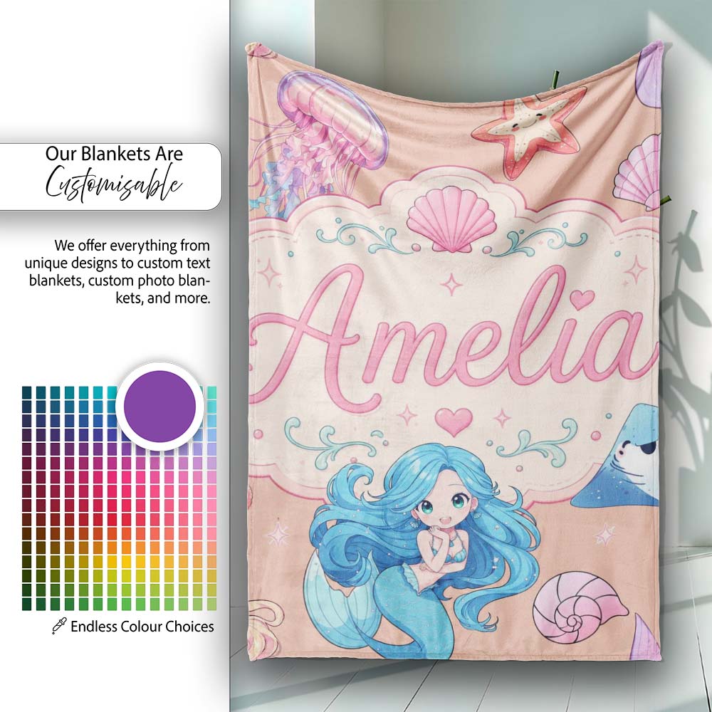 Cute Blue Hair Mermaid Jellyfish Seahorse Peach Background Seamless  Personalised Custom Name Super Soft Fleece Blanket Bed Sofa Throw