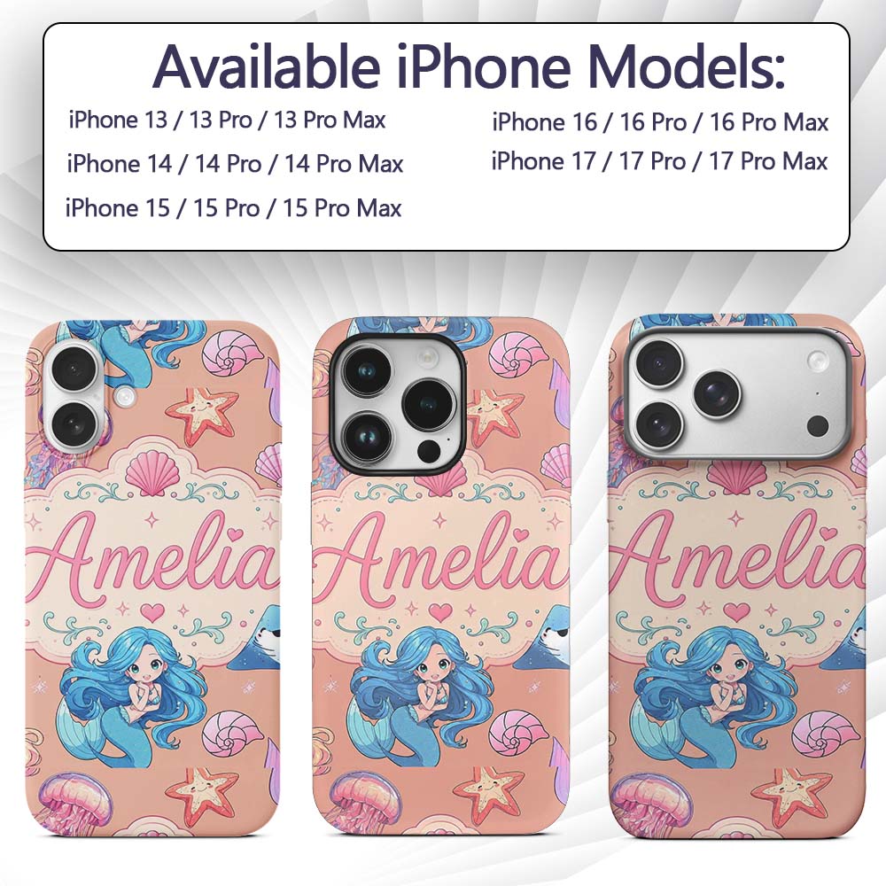 Cute Blue Hair Mermaid Jellyfish Seahorse Peach Custom Name Protective Phone Case Mobile Cover Durable Everyday Smartphone Shock Resistant