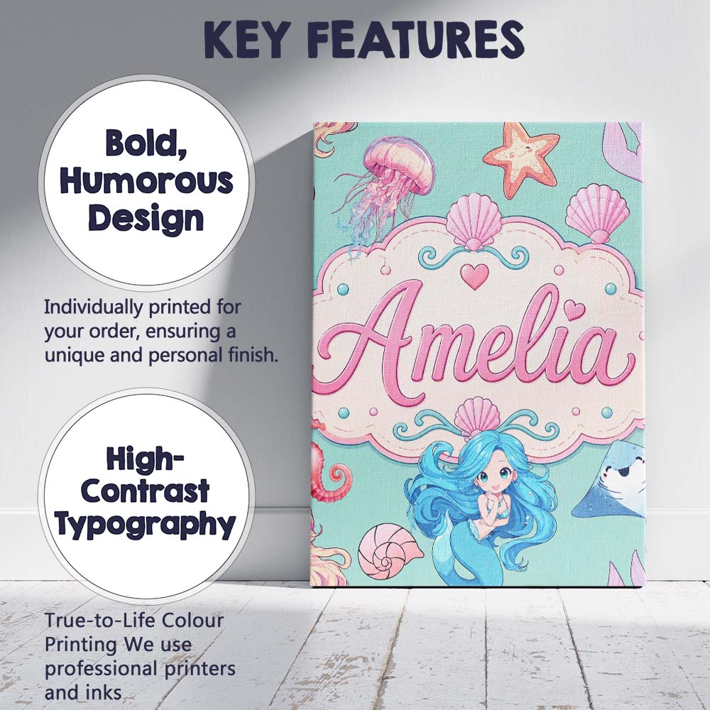 Personalised Name Cute Blue Hair Mermaid Custom  Unique Gift Idea Elegant Feature Canvas Wall Art Print Decor Picture Ready to Hang