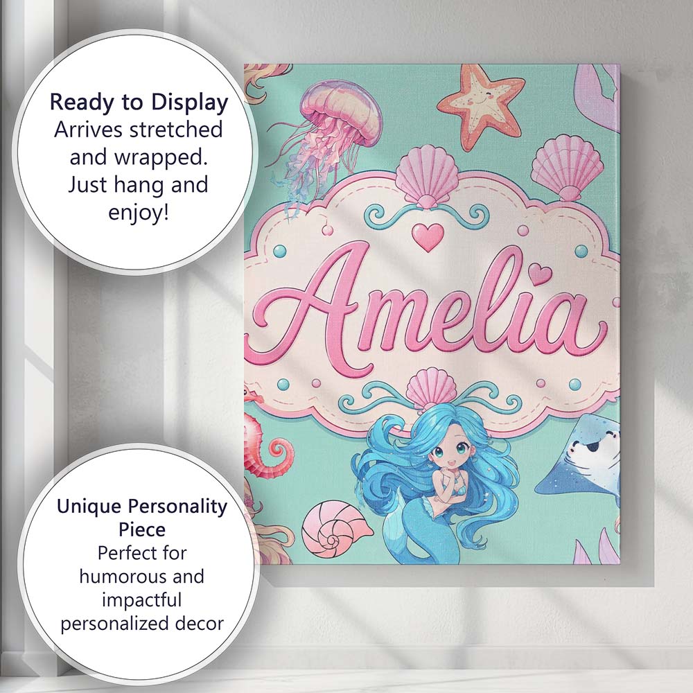 Personalised Name Cute Blue Hair Mermaid Custom  Unique Gift Idea Elegant Feature Canvas Wall Art Print Decor Picture Ready to Hang