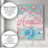 Personalised Name Cute Blue Hair Mermaid Custom  Unique Gift Idea Elegant Feature Canvas Wall Art Print Decor Picture Ready to Hang