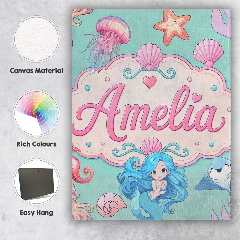 Personalised Name Cute Blue Hair Mermaid Custom  Unique Gift Idea Elegant Feature Canvas Wall Art Print Decor Picture Ready to Hang