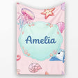 Cute Blue Hair Mermaid Jellyfish Seahorse Soft Pink Background  Personalised Custom Name Super Soft Fleece Blanket Bed Sofa Throw