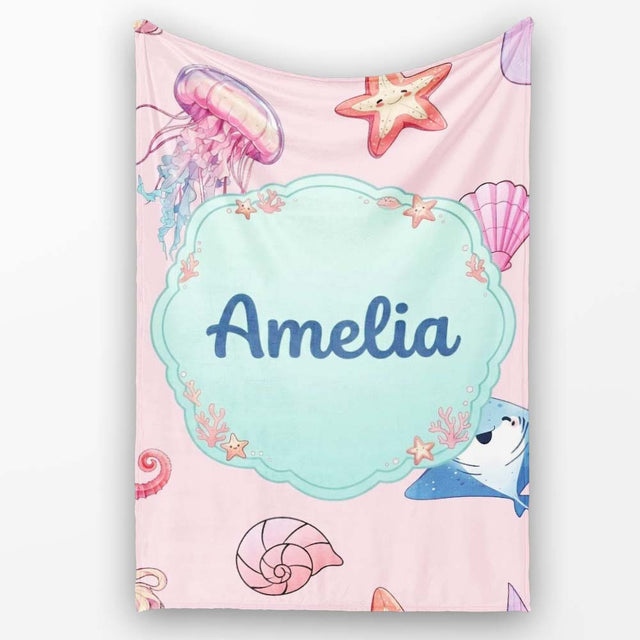 Cute Blue Hair Mermaid Jellyfish Seahorse Soft Pink Background  Personalised Custom Name Super Soft Fleece Blanket Bed Sofa Throw