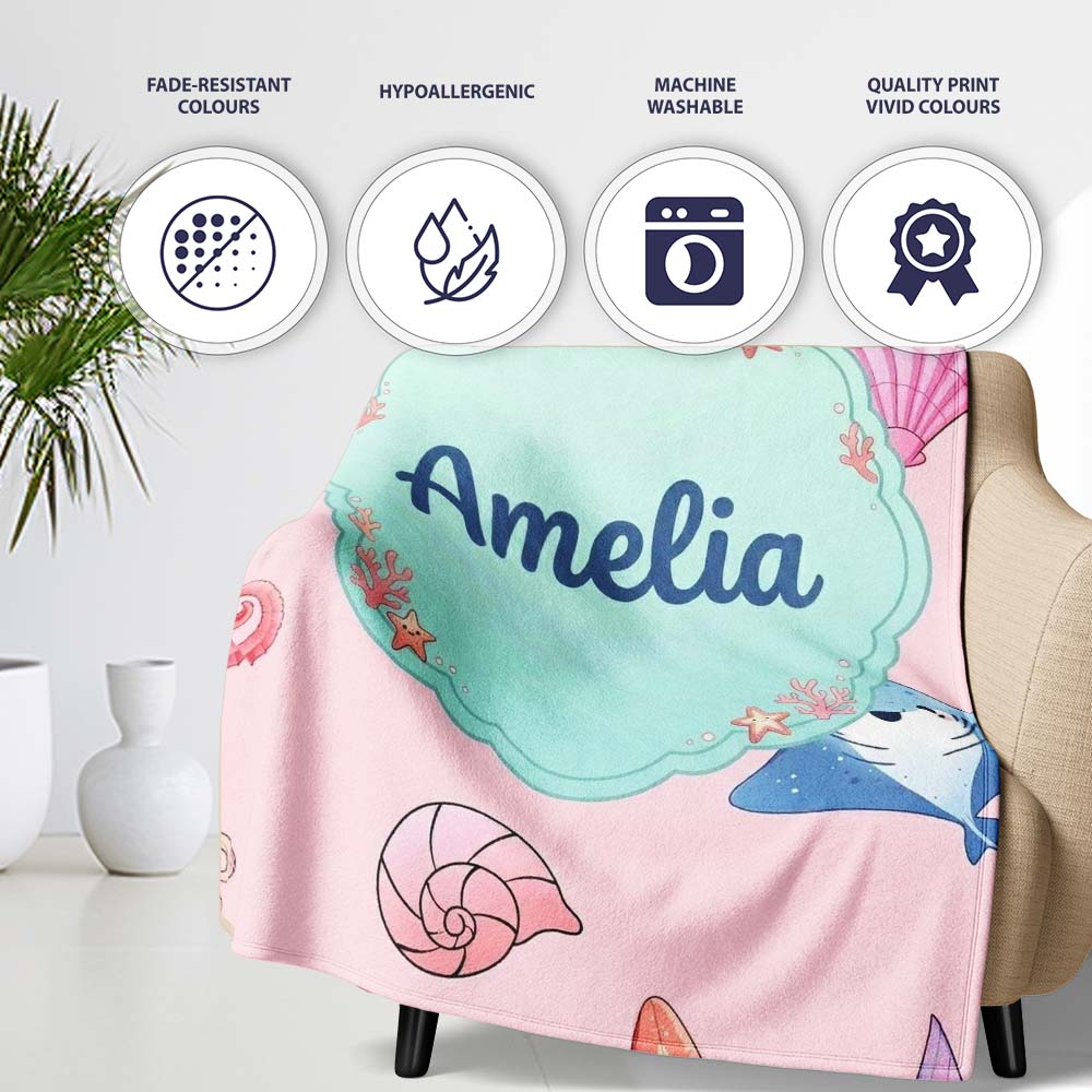 Cute Blue Hair Mermaid Jellyfish Seahorse Soft Pink Background  Personalised Custom Name Super Soft Fleece Blanket Bed Sofa Throw