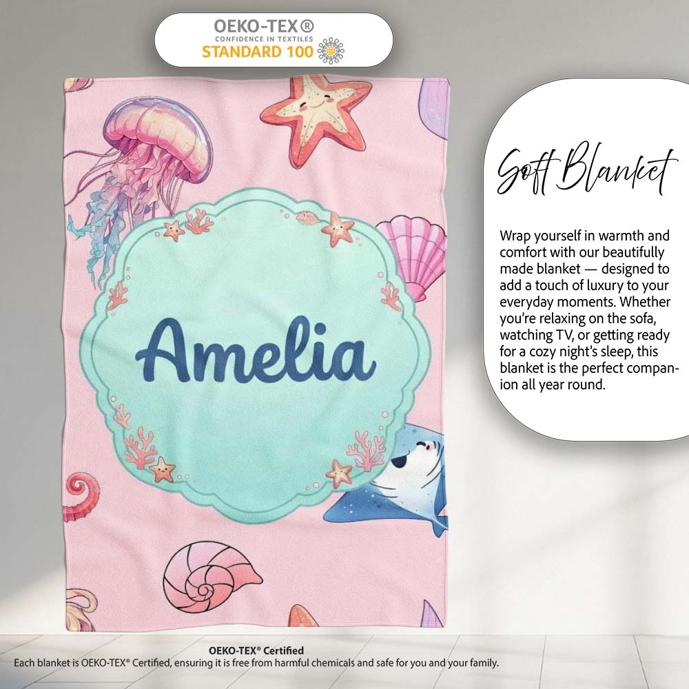 Cute Blue Hair Mermaid Jellyfish Seahorse Soft Pink Background  Personalised Custom Name Super Soft Fleece Blanket Bed Sofa Throw