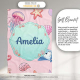 Cute Blue Hair Mermaid Jellyfish Seahorse Soft Pink Background  Personalised Custom Name Super Soft Fleece Blanket Bed Sofa Throw