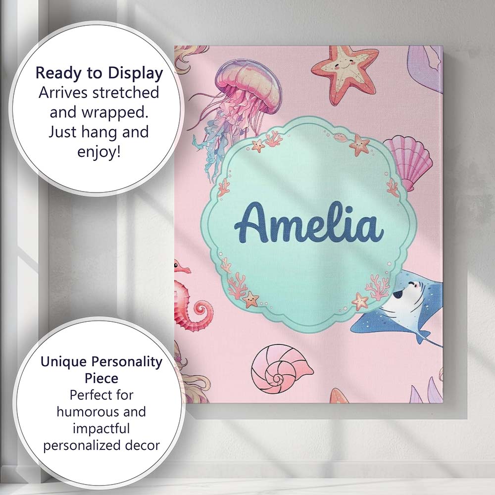 Personalised Name Cute Blue Hair Mermaid Custom  Unique Gift Idea Elegant Feature Canvas Wall Art Print Decor Picture Ready to Hang