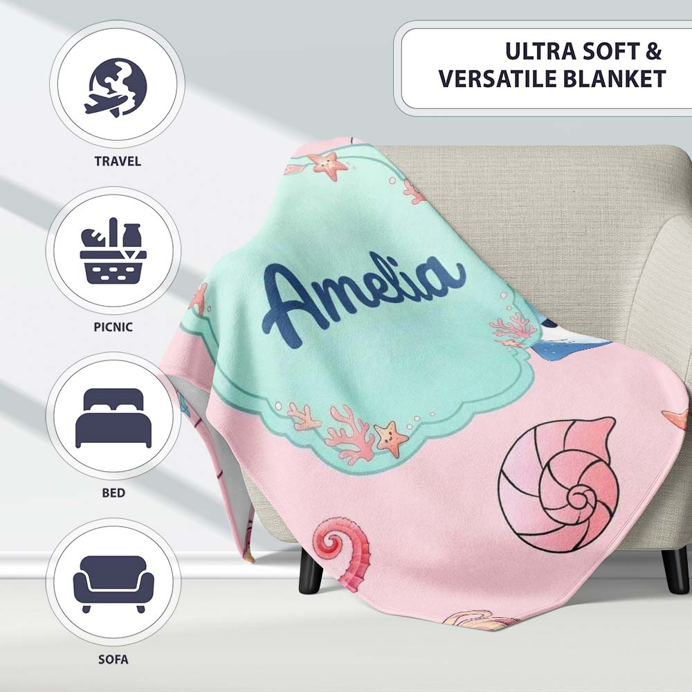 Cute Blue Hair Mermaid Jellyfish Seahorse Soft Pink Background  Personalised Custom Name Super Soft Fleece Blanket Bed Sofa Throw
