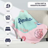 Cute Blue Hair Mermaid Jellyfish Seahorse Soft Pink Background  Personalised Custom Name Super Soft Fleece Blanket Bed Sofa Throw