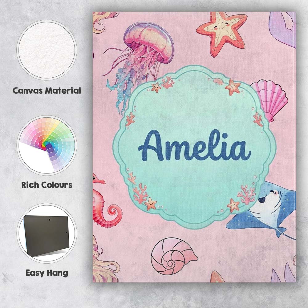 Personalised Name Cute Blue Hair Mermaid Custom  Unique Gift Idea Elegant Feature Canvas Wall Art Print Decor Picture Ready to Hang