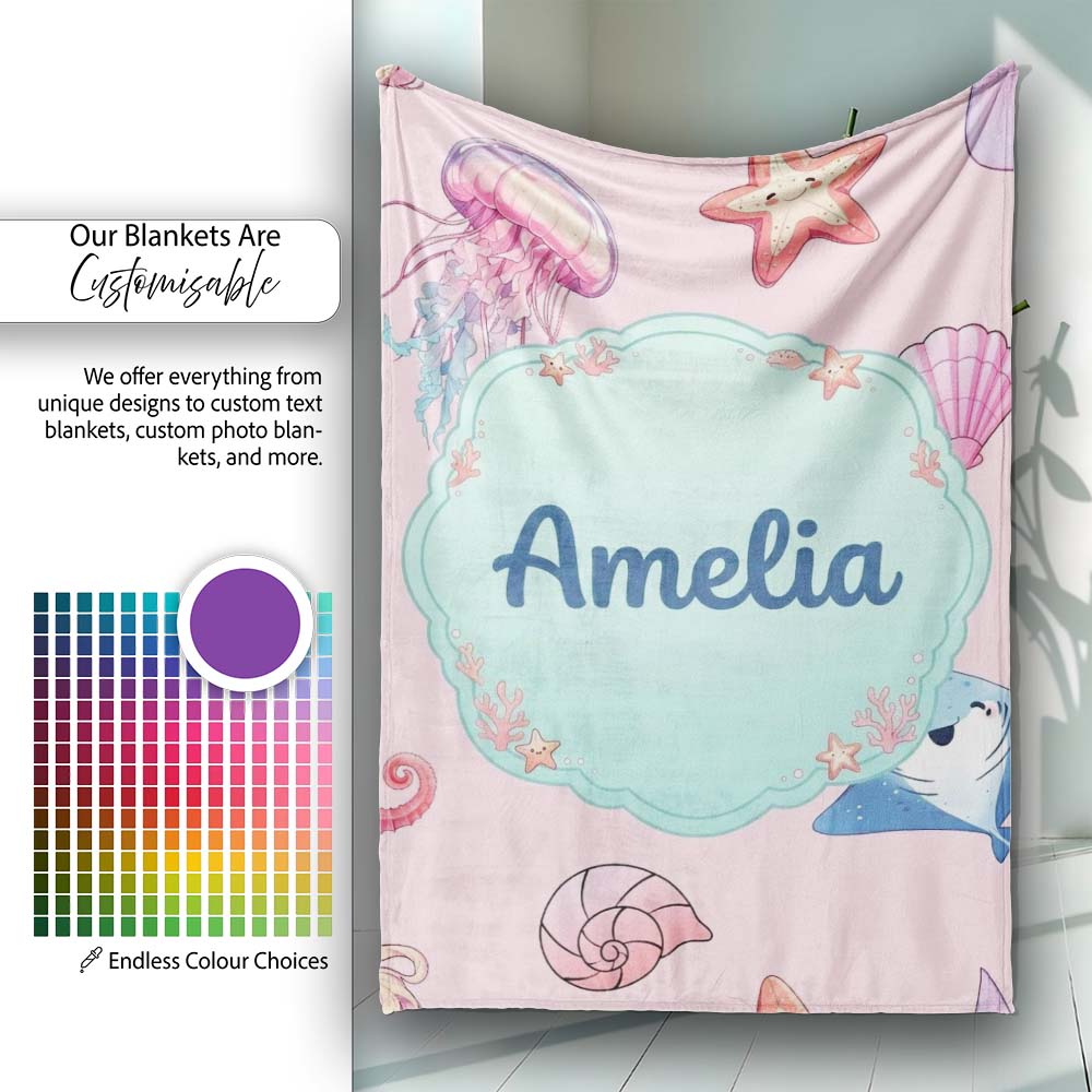 Cute Blue Hair Mermaid Jellyfish Seahorse Soft Pink Background  Personalised Custom Name Super Soft Fleece Blanket Bed Sofa Throw