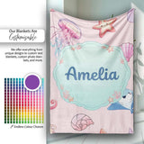 Cute Blue Hair Mermaid Jellyfish Seahorse Soft Pink Background  Personalised Custom Name Super Soft Fleece Blanket Bed Sofa Throw