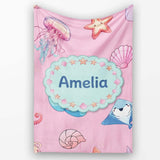 Cute Blue Mermaid Jellyfish Seahorse and Ocean Creatures Soft Pink  Personalised Custom Name Super Soft Fleece Blanket Bed Sofa Throw