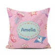 Custom Name Blue Mermaid Jellyfish and Ocean Creatures Soft Pink Square Filled Cushion Throw Pillow Sofa Bed Home Decor Zip Washable UK Made