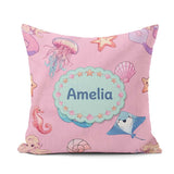 Custom Name Blue Mermaid Jellyfish and Ocean Creatures Soft Pink Square Filled Cushion Throw Pillow Sofa Bed Home Decor Zip Washable UK Made