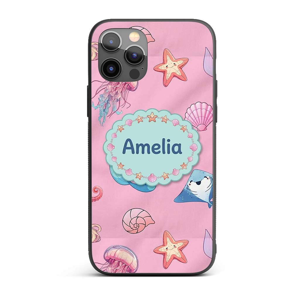 Cute Blue Mermaid Jellyfish Seahorse and Ocean Custom Name Protective Phone Case Mobile Cover Durable Everyday Smartphone Shock Resistant