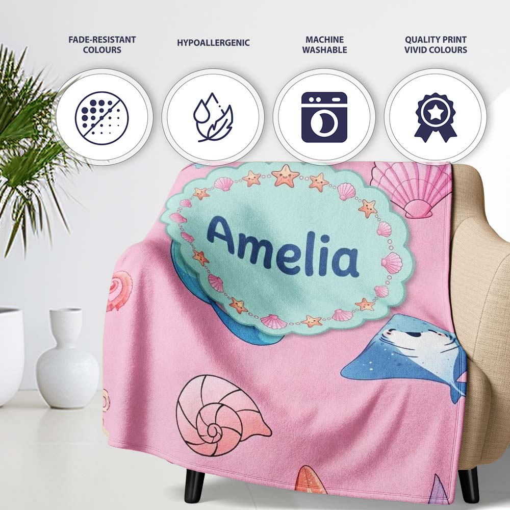 Cute Blue Mermaid Jellyfish Seahorse and Ocean Creatures Soft Pink  Personalised Custom Name Super Soft Fleece Blanket Bed Sofa Throw