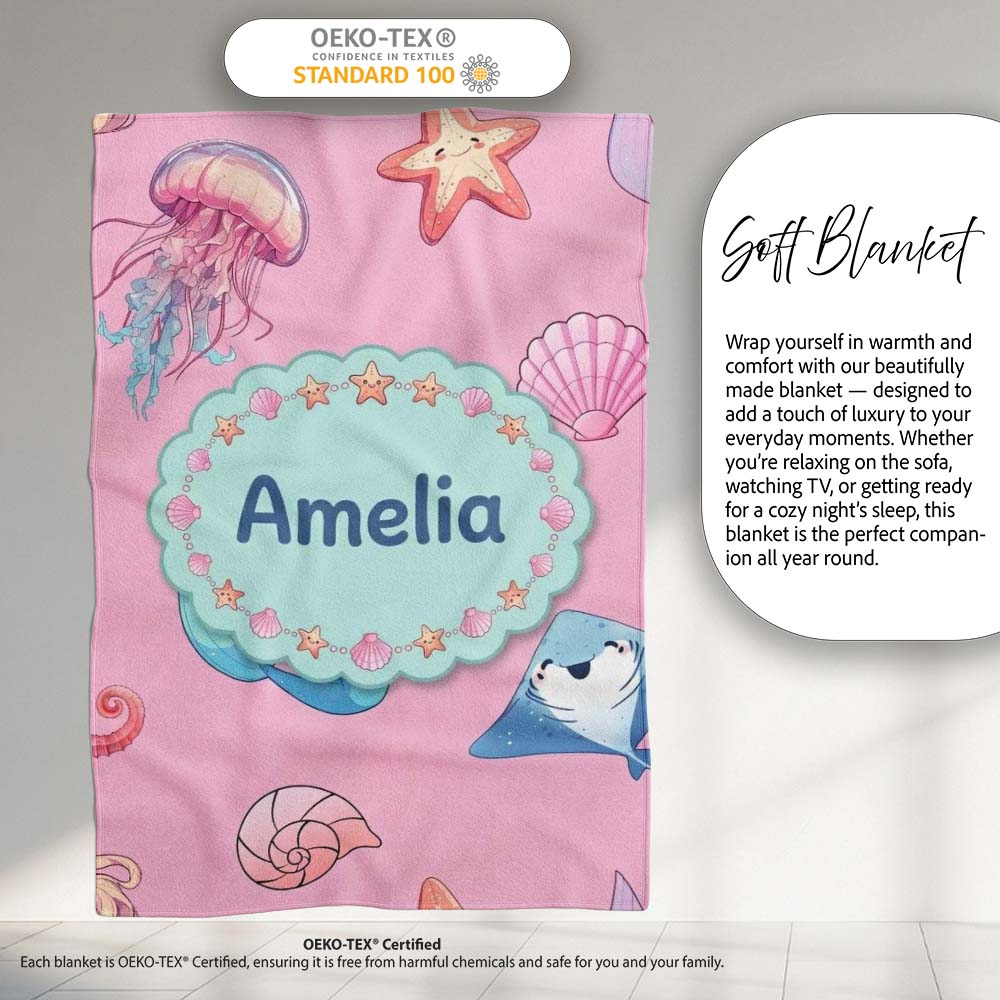 Cute Blue Mermaid Jellyfish Seahorse and Ocean Creatures Soft Pink  Personalised Custom Name Super Soft Fleece Blanket Bed Sofa Throw