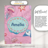 Cute Blue Mermaid Jellyfish Seahorse and Ocean Creatures Soft Pink  Personalised Custom Name Super Soft Fleece Blanket Bed Sofa Throw