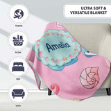 Cute Blue Mermaid Jellyfish Seahorse and Ocean Creatures Soft Pink  Personalised Custom Name Super Soft Fleece Blanket Bed Sofa Throw