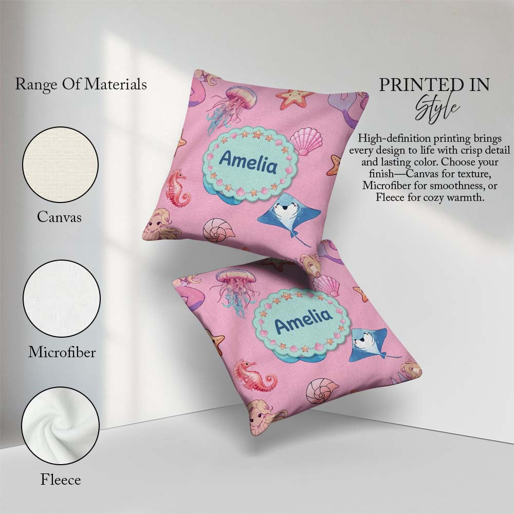 Custom Name Blue Mermaid Jellyfish and Ocean Creatures Soft Pink Square Filled Cushion Throw Pillow Sofa Bed Home Decor Zip Washable UK Made
