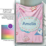 Cute Blue Mermaid Jellyfish Seahorse and Ocean Creatures Soft Pink  Personalised Custom Name Super Soft Fleece Blanket Bed Sofa Throw