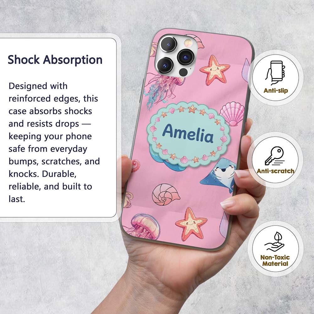 Cute Blue Mermaid Jellyfish Seahorse and Ocean Custom Name Protective Phone Case Mobile Cover Durable Everyday Smartphone Shock Resistant