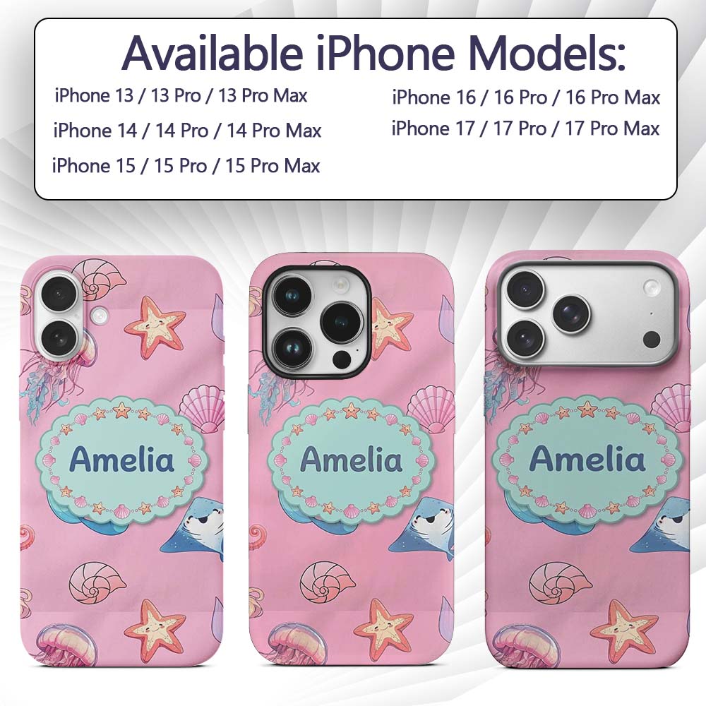 Cute Blue Mermaid Jellyfish Seahorse and Ocean Custom Name Protective Phone Case Mobile Cover Durable Everyday Smartphone Shock Resistant