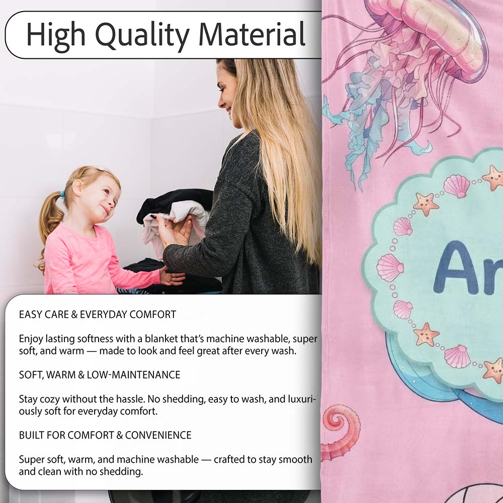 Cute Blue Mermaid Jellyfish Seahorse and Ocean Creatures Soft Pink  Personalised Custom Name Super Soft Fleece Blanket Bed Sofa Throw