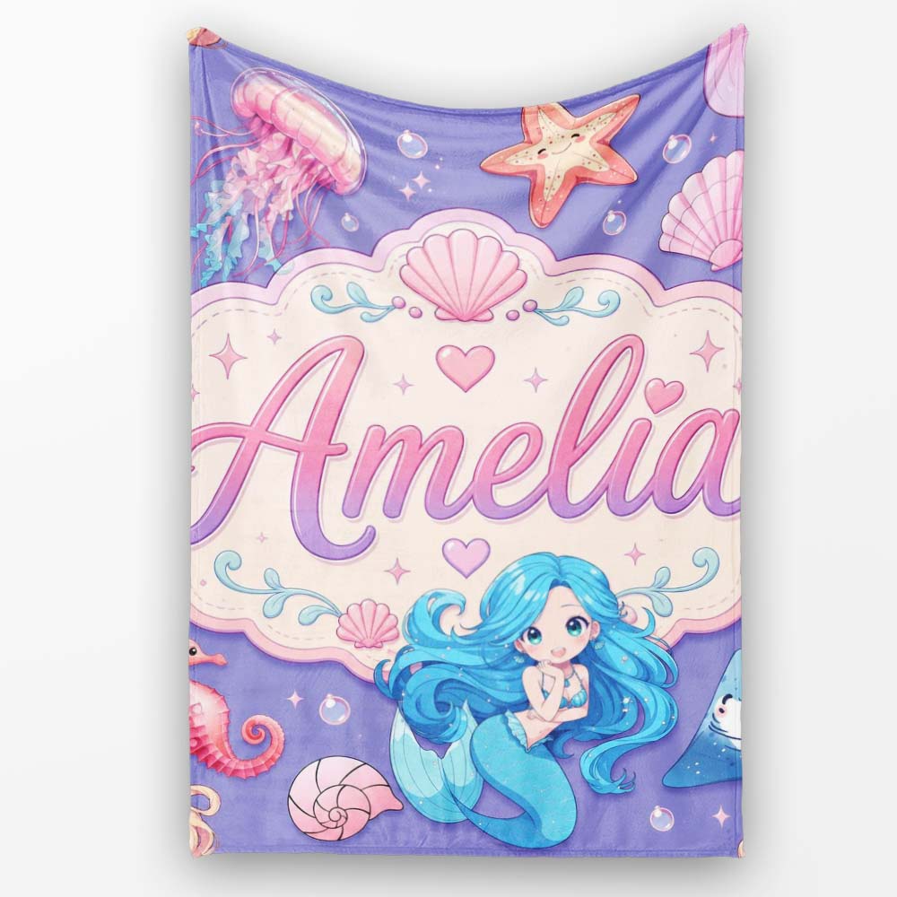 Cute Blue Mermaid Jellyfish Seahorse and Ocean Creatures Purple  Personalised Custom Name Super Soft Fleece Blanket Bed Sofa Throw