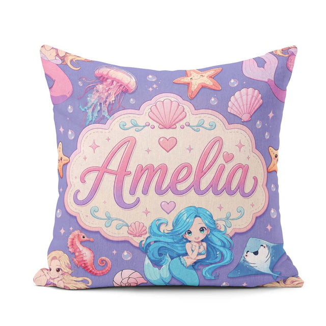 Custom Name Blue Mermaid Jellyfish Seahorse and Creatures Purple Square Filled Cushion Throw Pillow Sofa Bed Home Decor Zip Washable UK Made
