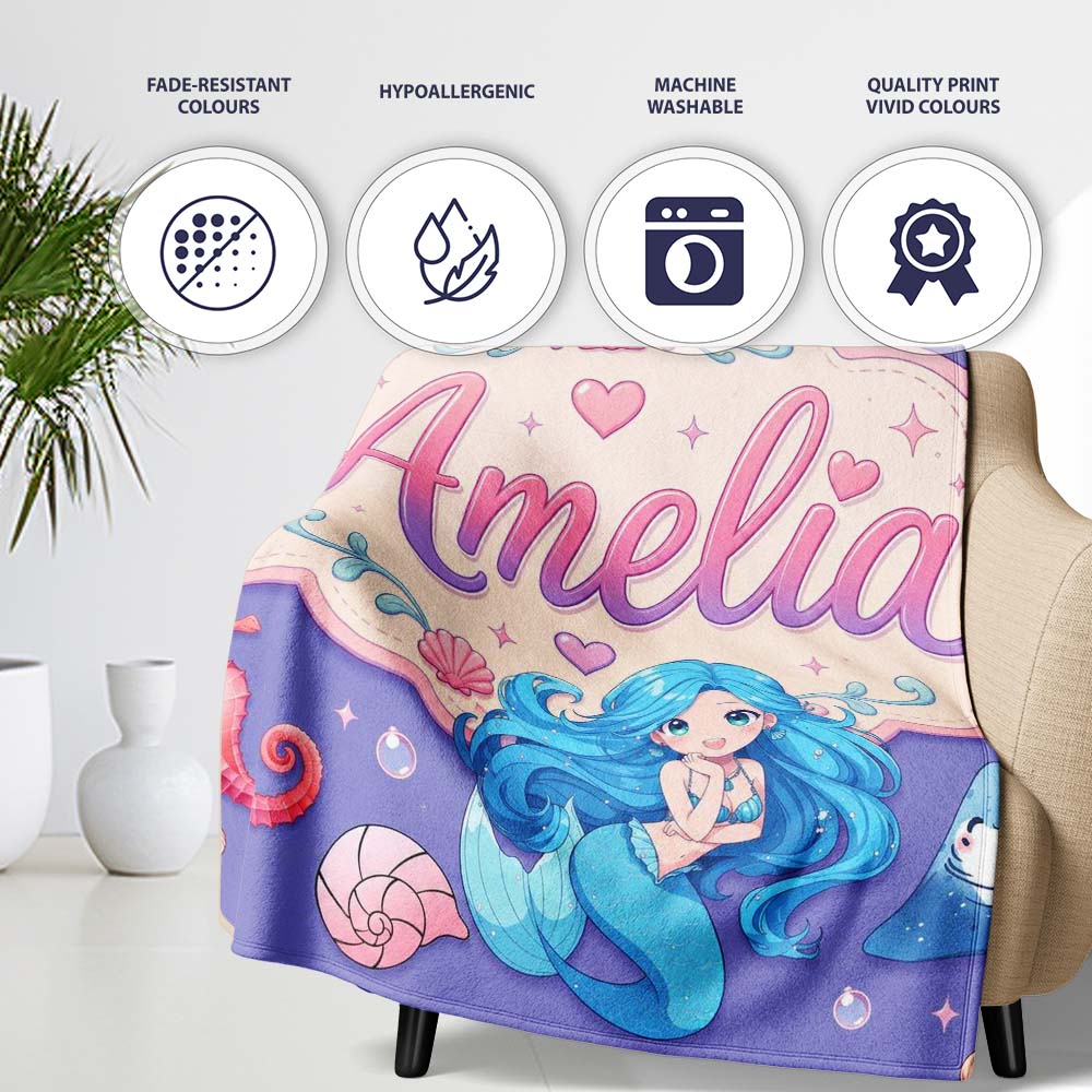 Cute Blue Mermaid Jellyfish Seahorse and Ocean Creatures Purple  Personalised Custom Name Super Soft Fleece Blanket Bed Sofa Throw