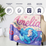 Cute Blue Mermaid Jellyfish Seahorse and Ocean Creatures Purple  Personalised Custom Name Super Soft Fleece Blanket Bed Sofa Throw