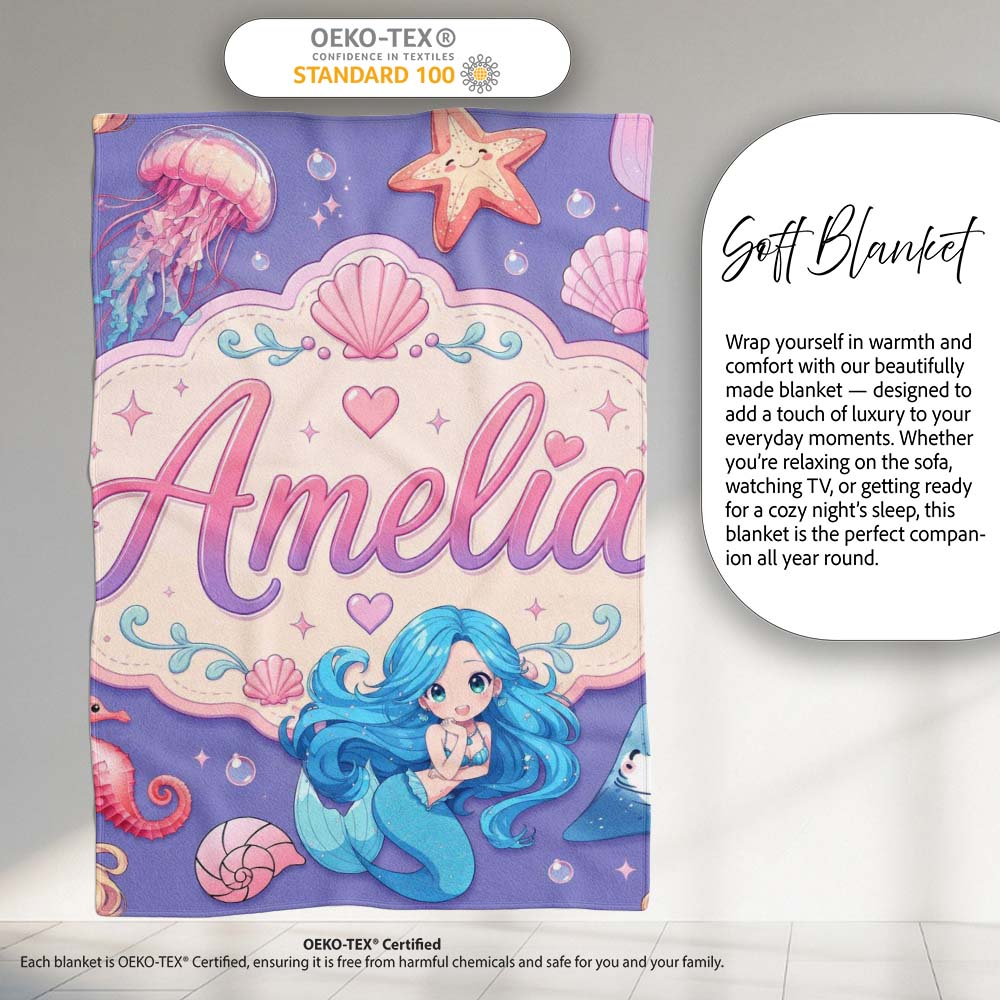 Cute Blue Mermaid Jellyfish Seahorse and Ocean Creatures Purple  Personalised Custom Name Super Soft Fleece Blanket Bed Sofa Throw
