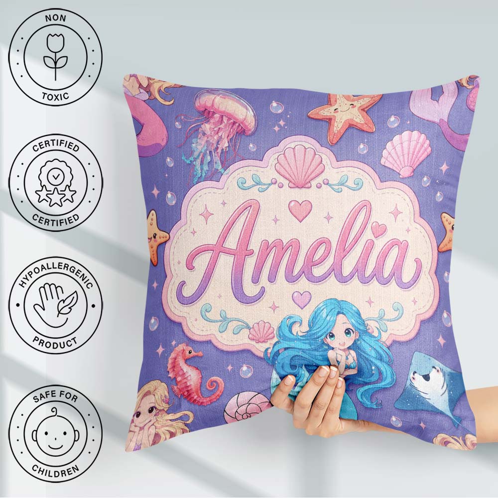 Custom Name Blue Mermaid Jellyfish Seahorse and Creatures Purple Square Filled Cushion Throw Pillow Sofa Bed Home Decor Zip Washable UK Made