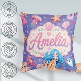 Custom Name Blue Mermaid Jellyfish Seahorse and Creatures Purple Square Filled Cushion Throw Pillow Sofa Bed Home Decor Zip Washable UK Made