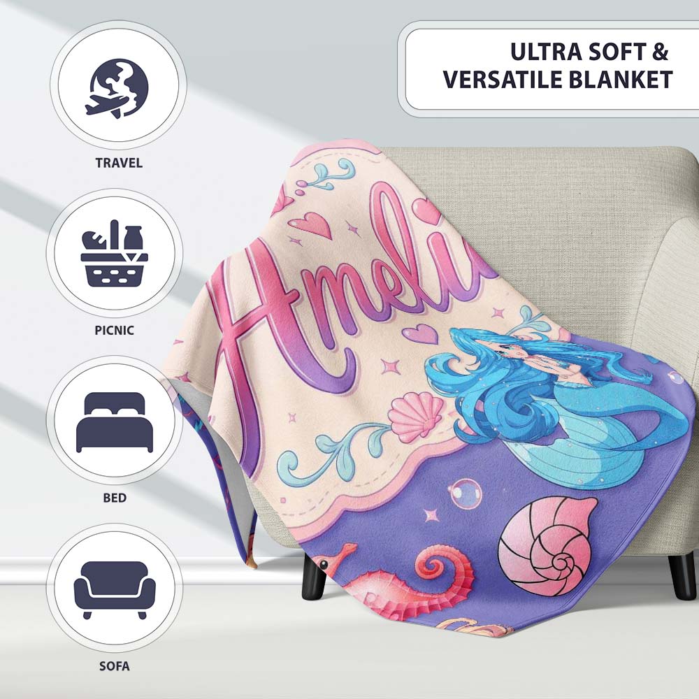 Cute Blue Mermaid Jellyfish Seahorse and Ocean Creatures Purple  Personalised Custom Name Super Soft Fleece Blanket Bed Sofa Throw