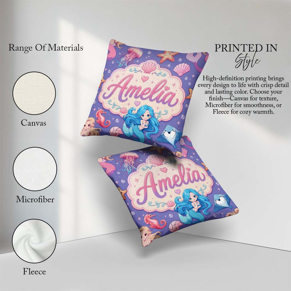 Custom Name Blue Mermaid Jellyfish Seahorse and Creatures Purple Square Filled Cushion Throw Pillow Sofa Bed Home Decor Zip Washable UK Made